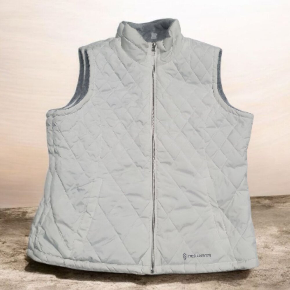 Free Country Women's XL White Gray Reversible Puffer Vest Zip Sherpa Lined